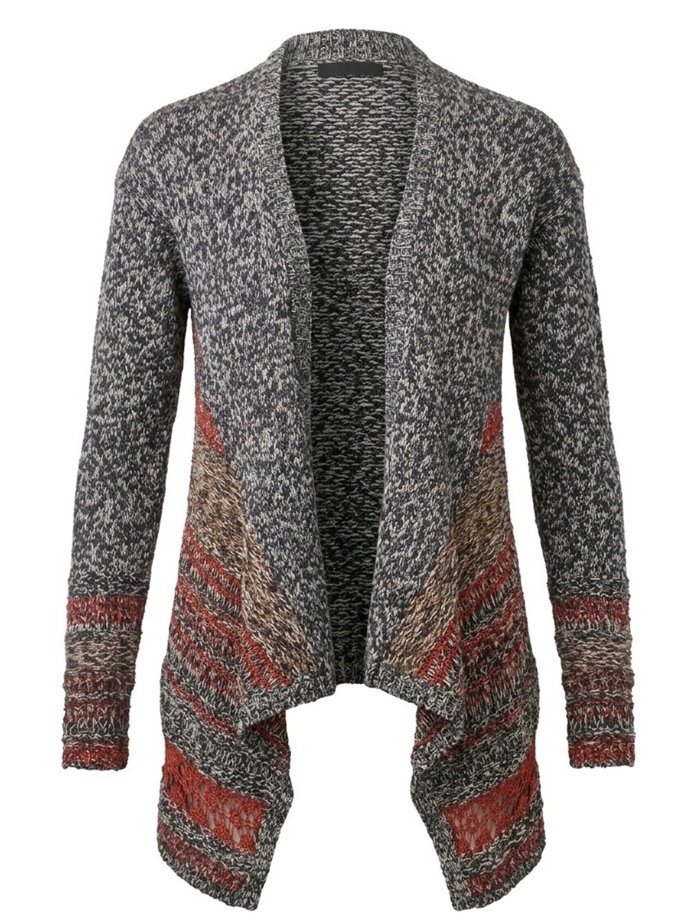 Humming Bird Open-Front Marled Cardigan Sweater in Gray and Rust